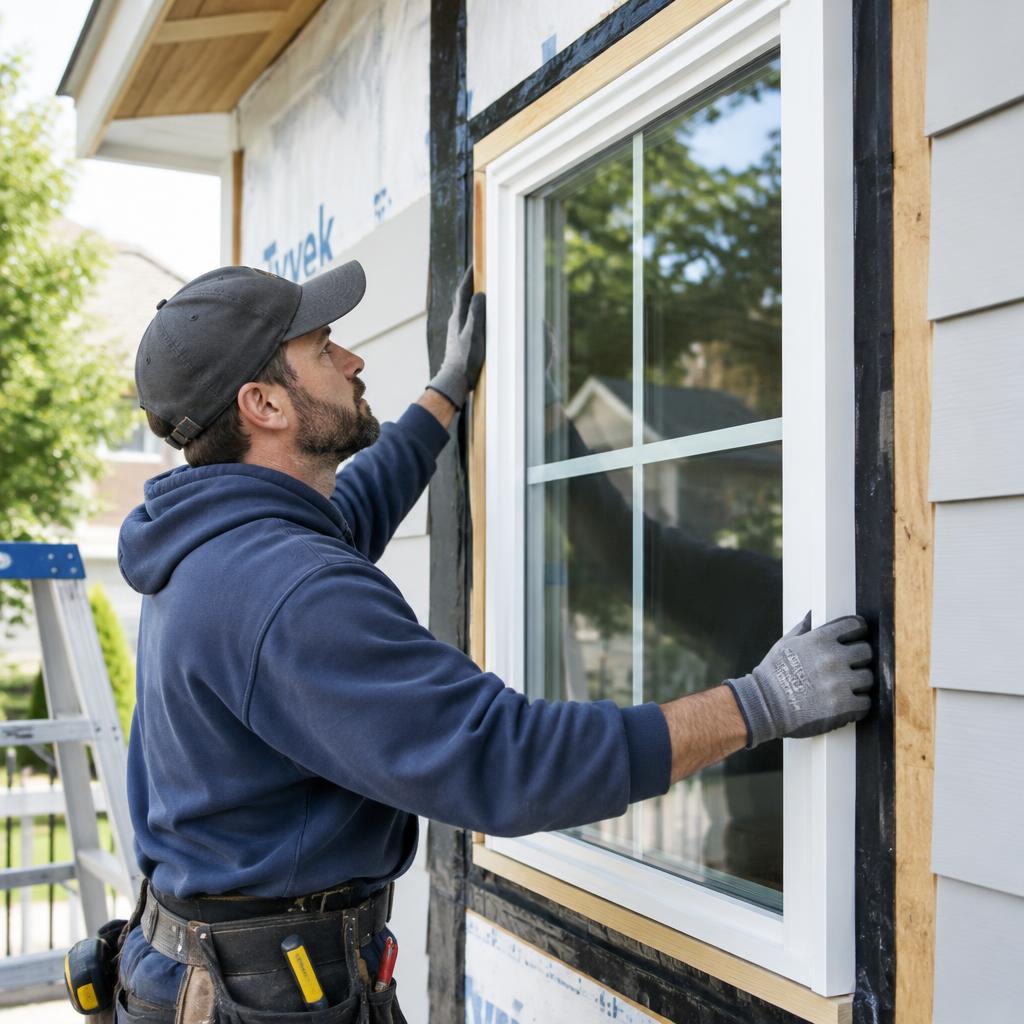 Monteur setzt ein neues Fenster in eine Hausfassade ein