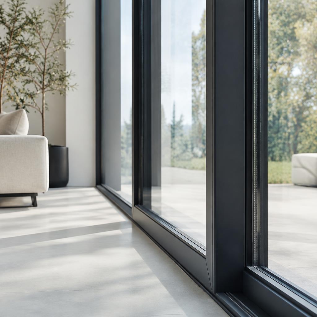 Modernes anthrazitfarbenes Fenster in einem hellen Wohnraum