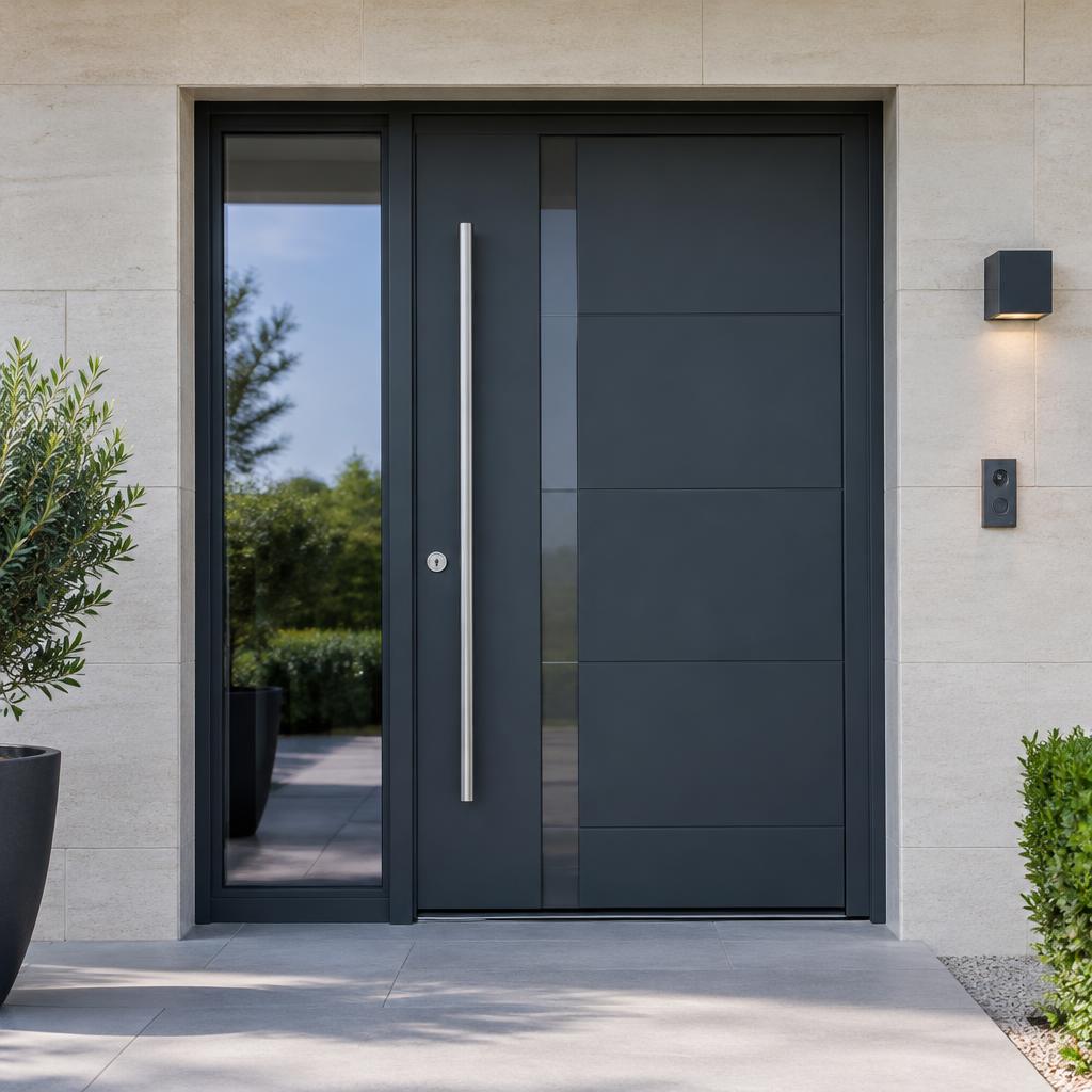 Moderne anthrazitfarbene Haustür mit Edelstahlgriff und Glasseitenteil